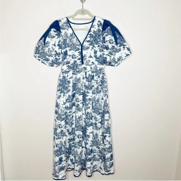 Tuckernuck Hyacinth House Blue Toile Reynolds Puff Sleeve Midi Dress Small - Picture 2 of 8